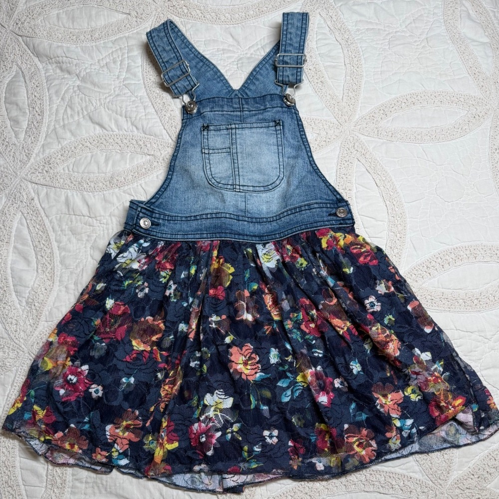 Jordache Girls Size 6-6X Denim Overall Dress Kids Blue Floral Lace Kidcore